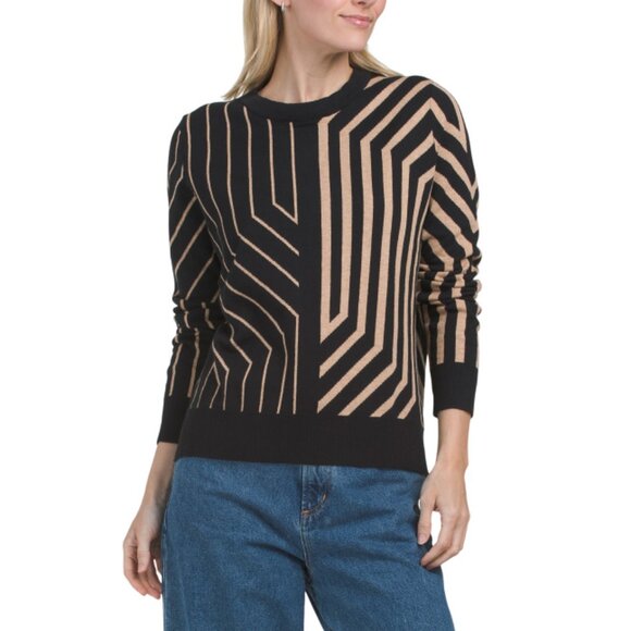 EDINBURGH KNITS Black/Caramel Geometric Crew Neck Sweater - Picture 1 of 2